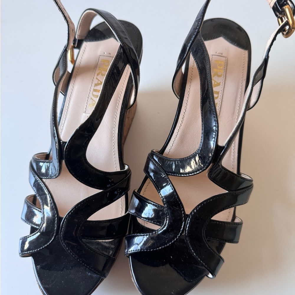 Prada black patent sandals with cork wedge, size 37.5 in good condition.